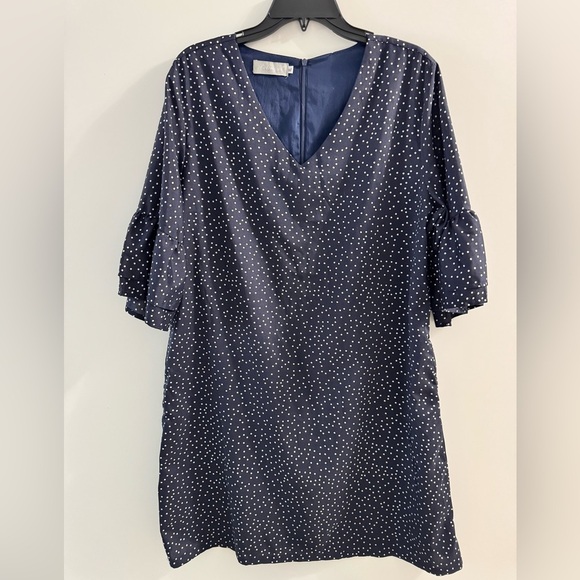 Belongsci Navy Polka Dot V-Neck Dress - Picture 1 of 10